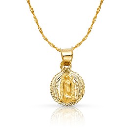 Ioka 14K Yellow Gold Diamond Cut Our Lady of Guadalupe Stamp Charm Pendant with 0.9mm Singapore Chain Necklace - 16"