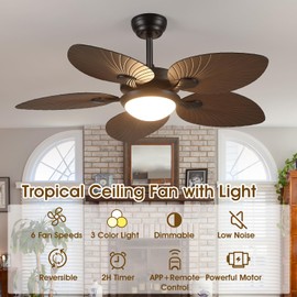Wiviniya Tropical Ceiling Fans with Lights and Remote/APP Control, 44 Inch Palm Leaf Ceiling Fan with LED Lights, Outdoor Ceiling Fans for Patios Porch, Reversible Quiet Motor, Dimmable, Dark Brown