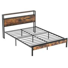 COSTWAY Queen Size Metal Bed Frame w/ Built-in Charging Station 2 Tier Storage Headboard
