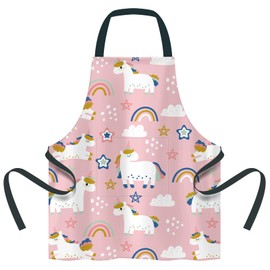 fangyunri Kids Apron with Pocket for Girls Unicorn Rainbow 6-12 Pink Child Art Smock Kitchen Bib Waterproof Toddler Chef Apron Adjustable Neck Strap for Cooking Painting Baking Crafting Art Gardening