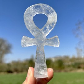 Xzyycyj 4" Cross Crystal Worry Stones Natural Clear Crystal Ankh Cross Carved Rose Quartz ，Aventurine Crystal Skull Reiki Healing 1pc (Clear Crystal)