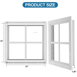 2 Pack Shed Window 12" W x 12" H, White Flush Mount Window with Tempered Glass for Playhouses, Sheds, Garage and Chicken Coops