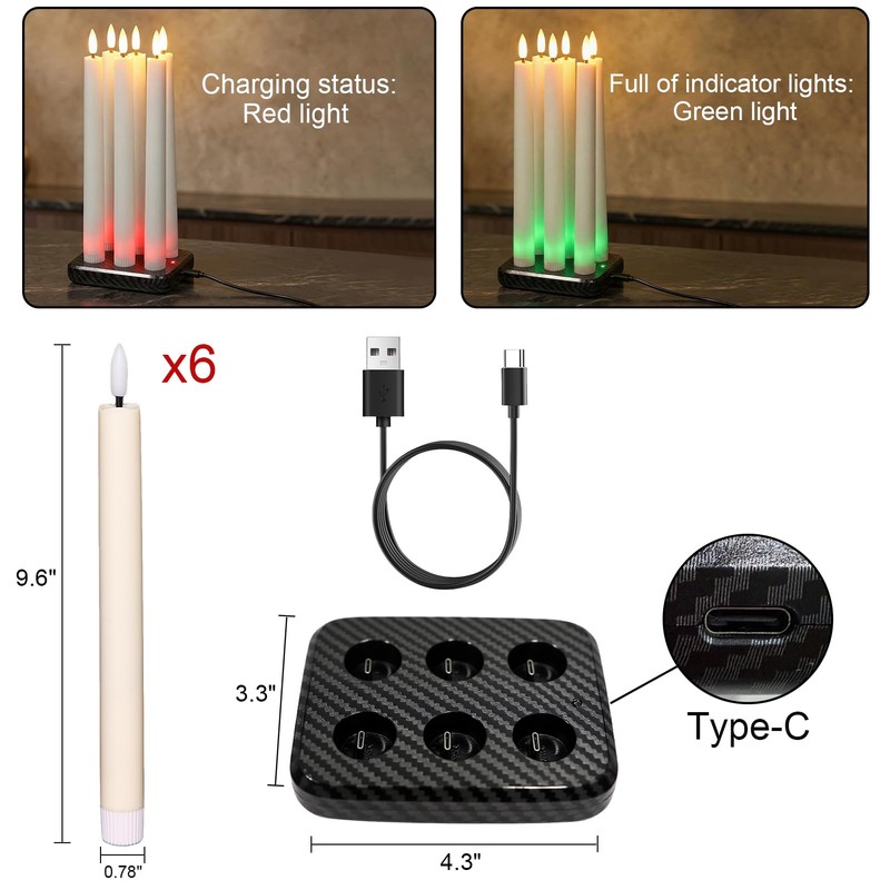 GenSwin Rechargeable Flameless Taper Candles with Charging Base Remote