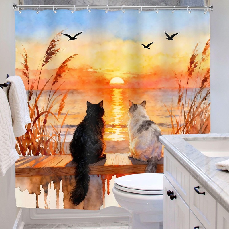 Beach Ocean Funny Cute Cat Fall Sunset Sea Bathroom Shower