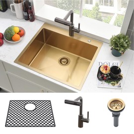 Gold Kitchen Sink Drop In-Brovy 20x16 Inch Small Kitchen Bar Sink with Faucet Combo Outdoor Topmount 18 Gauge Stainless Steel Single Bowl Wet Bar Sinks with Mat&Drainer