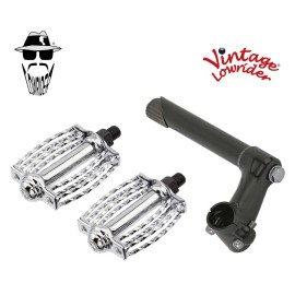 Vintage Lowrider Vtg Stem 2-Screw 22.2 Black & Pedals Mi Round Double Square Twisted 1/2" Chrome
