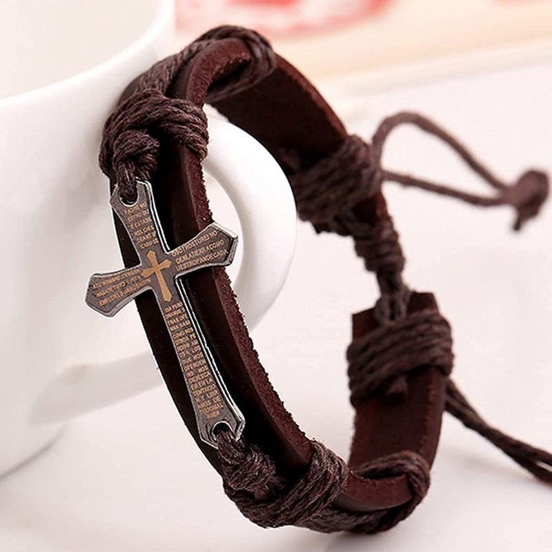 Branets Mens Leather Bracelet Bible Text Cross Bracelet Adjustable Wristband