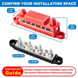 Spurtar 12V Bus Bar 12V Power Distribution Block 4X 5/16'' M8 Stud 6X #8 M4 Screws Bus Bar Terminal Block 12V 24V 48V 250A Battery Bus Bar for Car Truck RV ATV Boat Trailer Red Black Pair