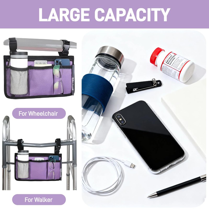 WEEOATAR Wheelchair Side Bags Storage Pouch with Cup Holder, Water-Resistant,