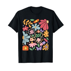 Retro Boho Floral RN Nurse Doctor Healthcare Worker Nursing T-Shirt