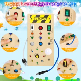 CRIOLPO Busy Board Montessori Toy from 1 2 3 Years, Activity Board Wooden Toy LED Children's Toy Motor Skills Toy Learning Toy with 8 LEDs, Gift for Babies Boys Girls