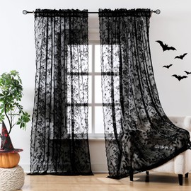 Black Lace Curtains for Living-Room 84 inch Length, Fine Rose and Leaf Embroidered Light Filtering French Country Curtains for Bedroom, Vintage Delicate Floral Sheer Window Drapes 52" w Rod Pocket