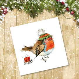 Charity Christmas Cards Pack of 32. Each Christmas Card multipack has 4 different Fun Robin designs. Ecofriendly and UK made. Verse Inside. Small 100 x 100mm card size.