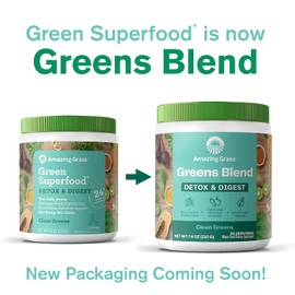 Amazing Grass Greens Blend Detox & Digest: Cleanse with Super Greens Powder, Digestive Enzymes & Probiotics, Clean Green, 30 Servings (Packaging May Vary)