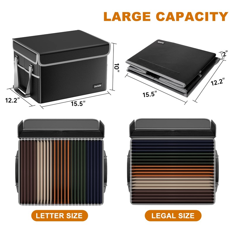 DocSafe File Box Fireproof File Storage Organizer with Lid,Collapsible Document