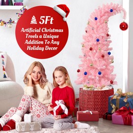 Hatisan 5FT Christmas Tree, Artificial Bent Pink Christmas Tree with Ball Ornaments and Metal Base for Christmas Holiday Party Supplies Decor Indoor Outdoor(Pink, 5ft)