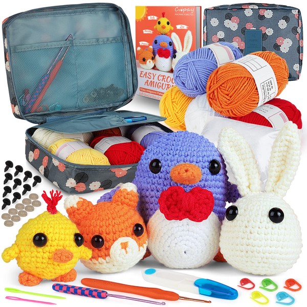 Coopay Crochet Kit for Beginners Kids Adults - Cute Penguin, Chicken, Rabbit & Fox, Complete Crochet Set with 4 Different Crochet Patterns, DIY Amigurumi Kit Crochet Animal Kit with Case & Instruction
