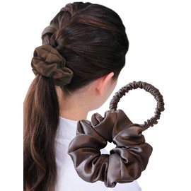 Hair Scrunchie, 100% Silk, Hair Elastic, Recommended by Beauty Professionals, Gentle on Hair and Damage, Set of 2, Adults, Stylish (Brown, M+S)