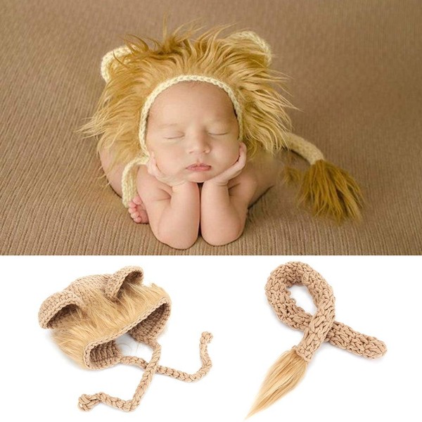 Camidy Baby Photography Props, Newborn Cosplay Lion Hat Tail Set Photoshoot Costume Gift for 0-1 Year Baby Boy Girls