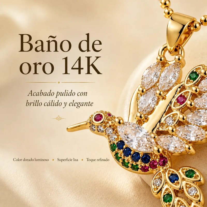 Collar Para Mujer Bano Oro 14k Dije Colibri Moissanita Multi
