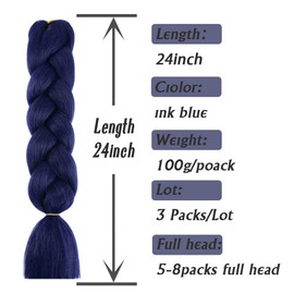 AFNOTE Dark Blue Braiding Hair Extensions 24 Inch 3 Packs Synthetic Jumbo Braiding Hair High Temperature Twist Crochet Braids Hair for Women (A28)