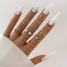 9 Pieces Trendy Wireless Hollow Stacking Rings Set for Women,Cute Pearl Classic Stackable Knuckle Rings Thin Dainty Silver Rings Jewelry (Gold)