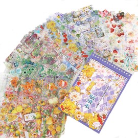 Alideco brand flake sticker sticker collage material paper retro cute flowers, lemon, strawberry, fruits PET water resistant Korean sticker book, memo paper notebook material, diary decoration