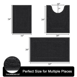 SHACOS Bathroom Rugs Sets of 3 Pieces Ultra Soft Microfiber Bath Mats with U Shaped Toilet Rug Absorbent Non Slip Washable Bath Rugs for Bathroom Shower Tub, Black
