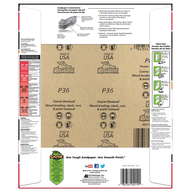 Gator 9" x 11" Multi-Surface Sanding Sheets, 36 Grit, 25