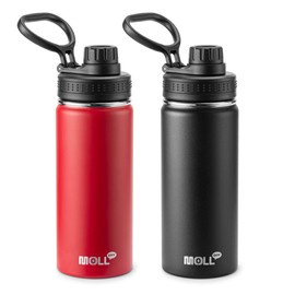 Mollcity Water Bottle 2 Pack 16 oz Stainless Steel Vacuum Insulated Water Bottle Wide Mouth Sports Flask with Leakproof Spout Lid (Canyon Red-Black)