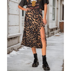 Women's Side Slit A Line Satin Midi Skirt Elastic High Waisted Cheetah Leopard Print Silk Long Skirts for Women