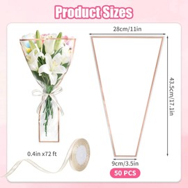 50 PCS Flower Bags for Bouquets Wrap, 17.1 x 11 x 3.5 in Clear Plastic Flower Sleeves for Bouquet, Gold Border Ribbon Floral Wrap Supplies, Gifts on Graduation Wedding Floral Bar Display (White)