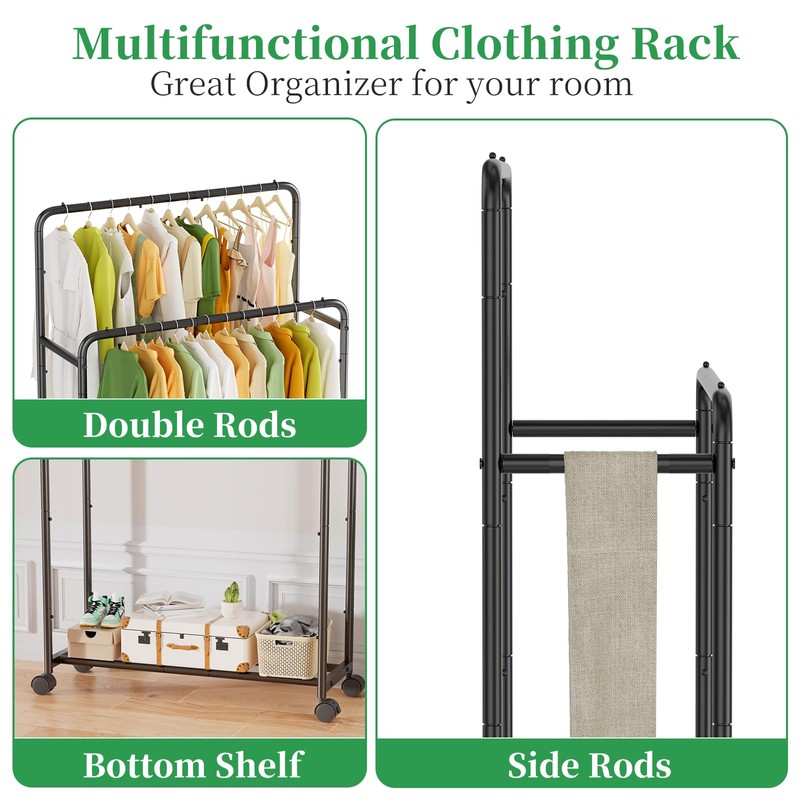 Simple Trending Clothing Clothes Rack Double Rods with Wheels, Rolling