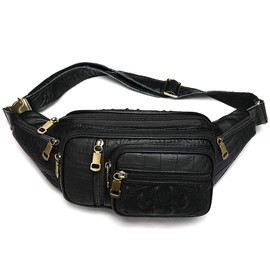 Genuine Leather Extra Large Fanny Pack Plus Size Sling Waist Pack Hip Belt Bag for Women and Men Crocodile Embossed Black