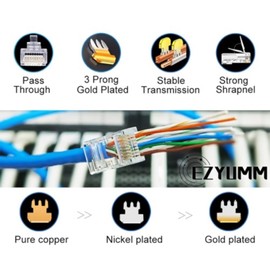 EZYUMM 20-Pack RJ45 Pass Through Connector, Cat 5 Cat 6 connectors, Gold Plated 8P8C Modular Plugs for Solid/Stranded UTP Network Cable
