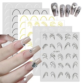 FNKFNK 6 Sheets French Nail Stickers French Tip Nail Decals Gold White Black Curve Lines Designs French Tip Nail Art Sticker 3D Self-Adhesive Exquisite Metallic Nail Supplies for Women Manicure