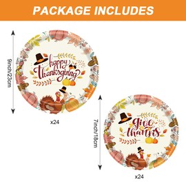 SHEPAILAI 24PCS Disposable Thanksgiving Plates 7inch and 9inch Turkey Party Plates Autumn Maple Leaf Give Thanks Platters for Carnival Dinner Tableware Thanksgiving Decorations Themed Party