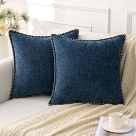 ANRODUO Pack of 2 Navy Blue Chenille Throw Pillow Covers 18x18 Inch Farmhouse Decorative Pillow Covers with Stitched Edge Soft Throw Pillows for Couch Sofa Bed and Living Room Fall Boho Home Decor