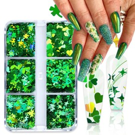 6 Grids St. Patrick's Day Nail Art Sequins 3D Shamrock Nail Decals Mixed Stars Heart Leaves Clover Nail Designs Holographic Nail Glitter Flakes for Women DIY St Patricks Day Nail Decorations