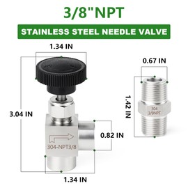 TAISHER 1PCS 304 Stainless Steel 90 Degree Needle Valve 3/8" Female NPT For Flow Control Water Gas Oil With Nipple