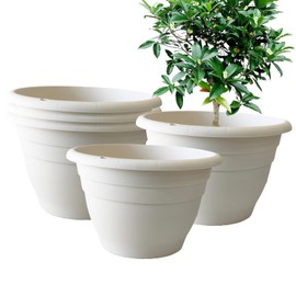 RooTrimmer 5-Pack 10 inch Garden Pots, Round Flower Pots with Drainage Holes, Thick Sturdy Traditional Plastic Planters Indoor and Outdoor(White)