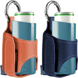 Beautyflier 2PCS Asthma Inhaler Holder Keychain PU Leather Travel Handy Holder for Adults and Kids, Inhaler Not Included (Orange + Navy Blue)
