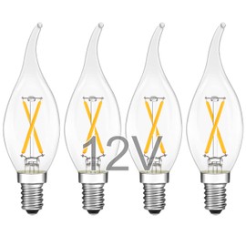 TOKCON 12V E12 LED Candelabra Light Bulbs - Soft Warm 2700K 2W (Only for 12 Volt DC/AC)- Small Candle Base - 25W Equivalent Low Voltage Flame Tip LED Bulb for RV, Backyard Shed - 4 Pack