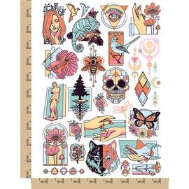 Geometric Shapes Flowers Animals Temporary Tattoo Water Resistant Fake Body Art Set Collection - Color (One Sheet)