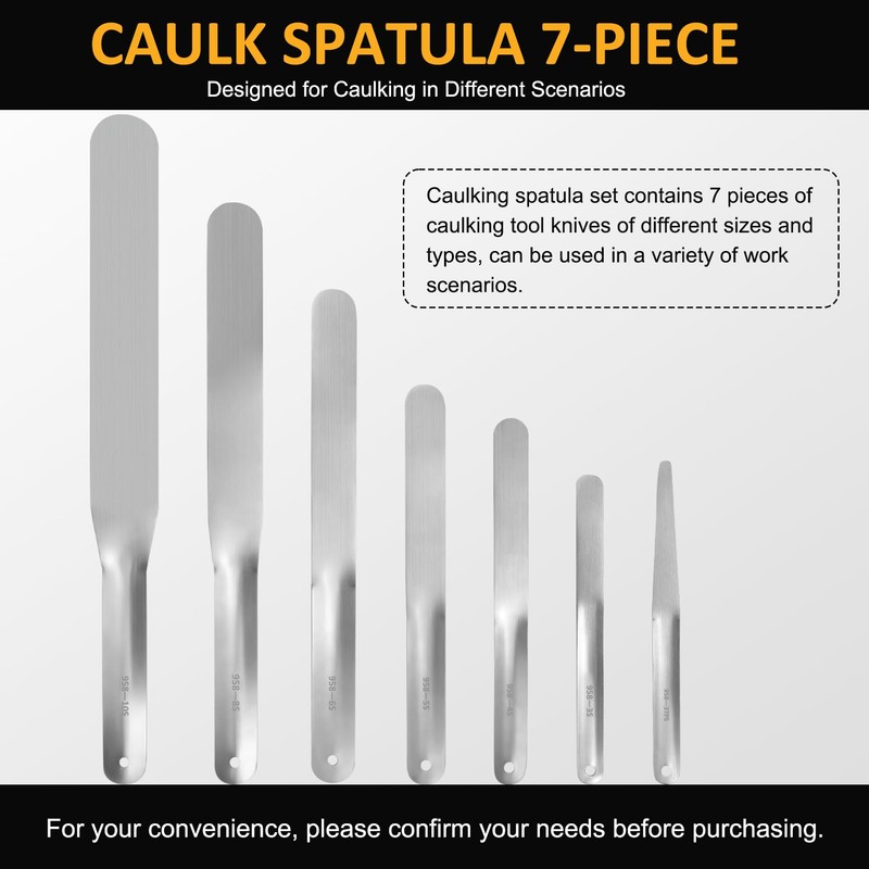 958-G01 Caulking Spatula Set, Multi-Purpose Caulking Tooling 7-Piece, Stainless Steel
