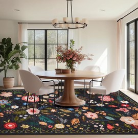 5x7 Rugs for Living Room, Area Rug Floral Vintage Rugs for Bedroom Non-Slip Non Shedding Indoor Floor Rug, Low Pile Foldable Stain Resistant Carpet for Dining Room, Office, Home Decor, Black