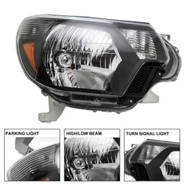 2012-2015 Tacoma Headlights,Headlight Assembly Fit for Toyota Tacoma 2012 2013 2014 2015 Halogen Headlamp Replacement Driver Passenger Side Blacking Housing Amber Reflector Clear Lens
