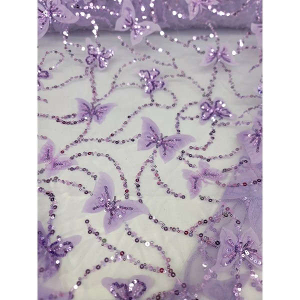 Unbranded 3D Butterfly Design Embroidery Sequins Lavender Mesh 3d Lace