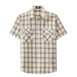 JOGAL Mens Plaid Button Down Shirts Mens Short Sleeve Western Shirts Two Pocket Regular Fit Mens Button Up Casual Shirts Beige XX-Large