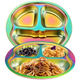 Jioelle Stainless Steel Kids Plates,Salad Plates for Eating Dinner Camping,Unbreakable and Reusable Plates, Dishwasher Safe,3 Compartment Rainbow Plates (2, rainbow)
